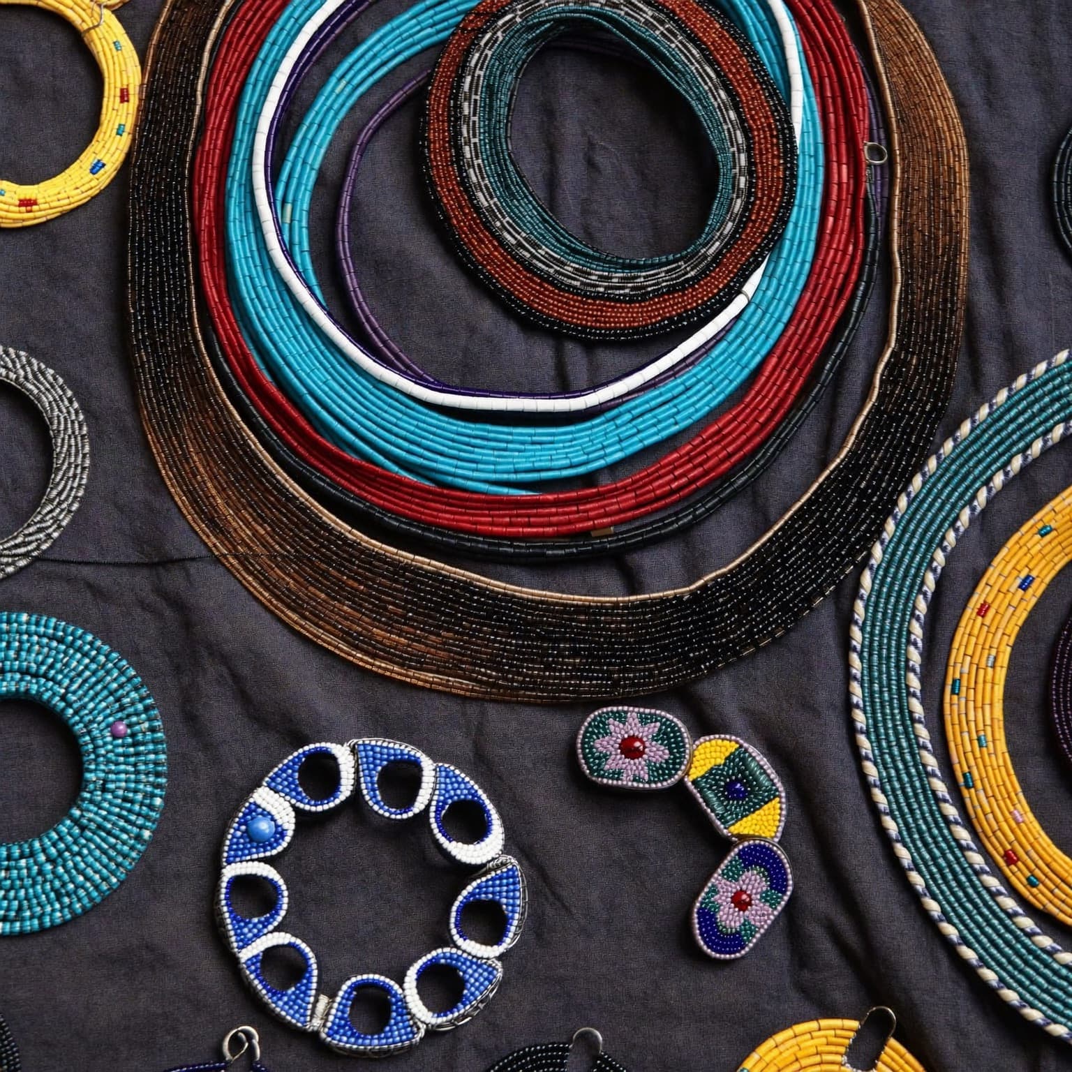 A close-up of intricate beadwork jewelry