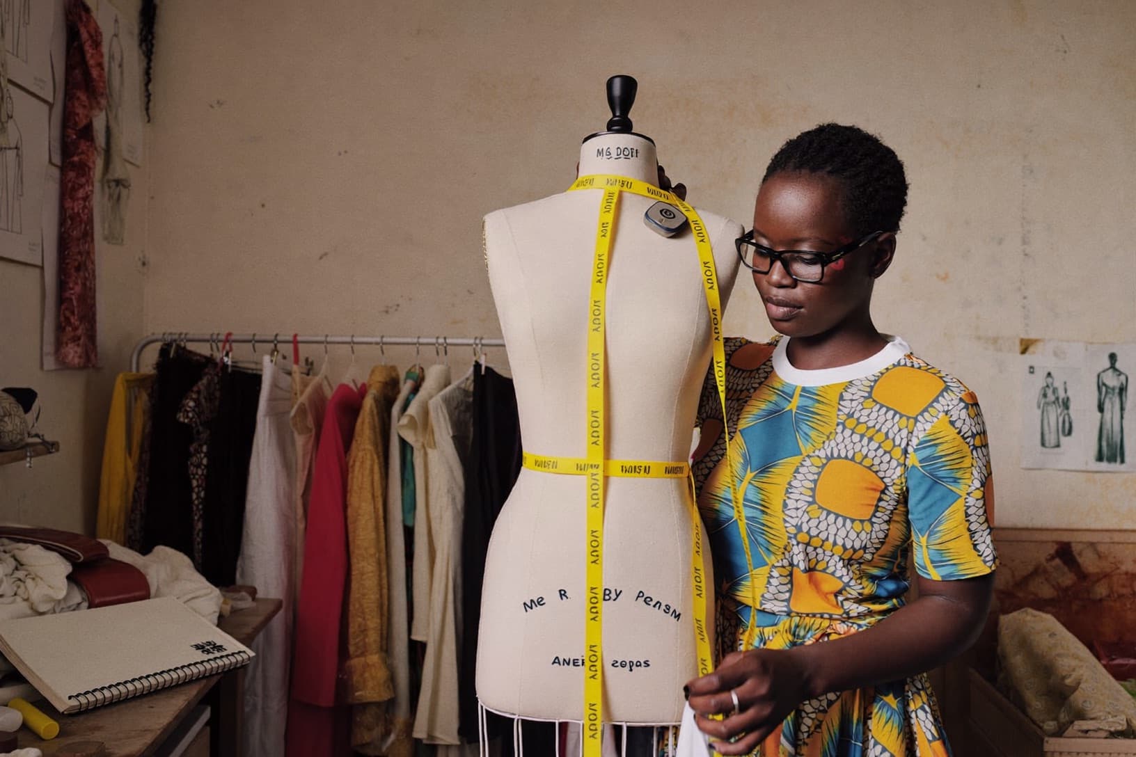 A designer drapes fabric over a mannequin in a sunlit atelier