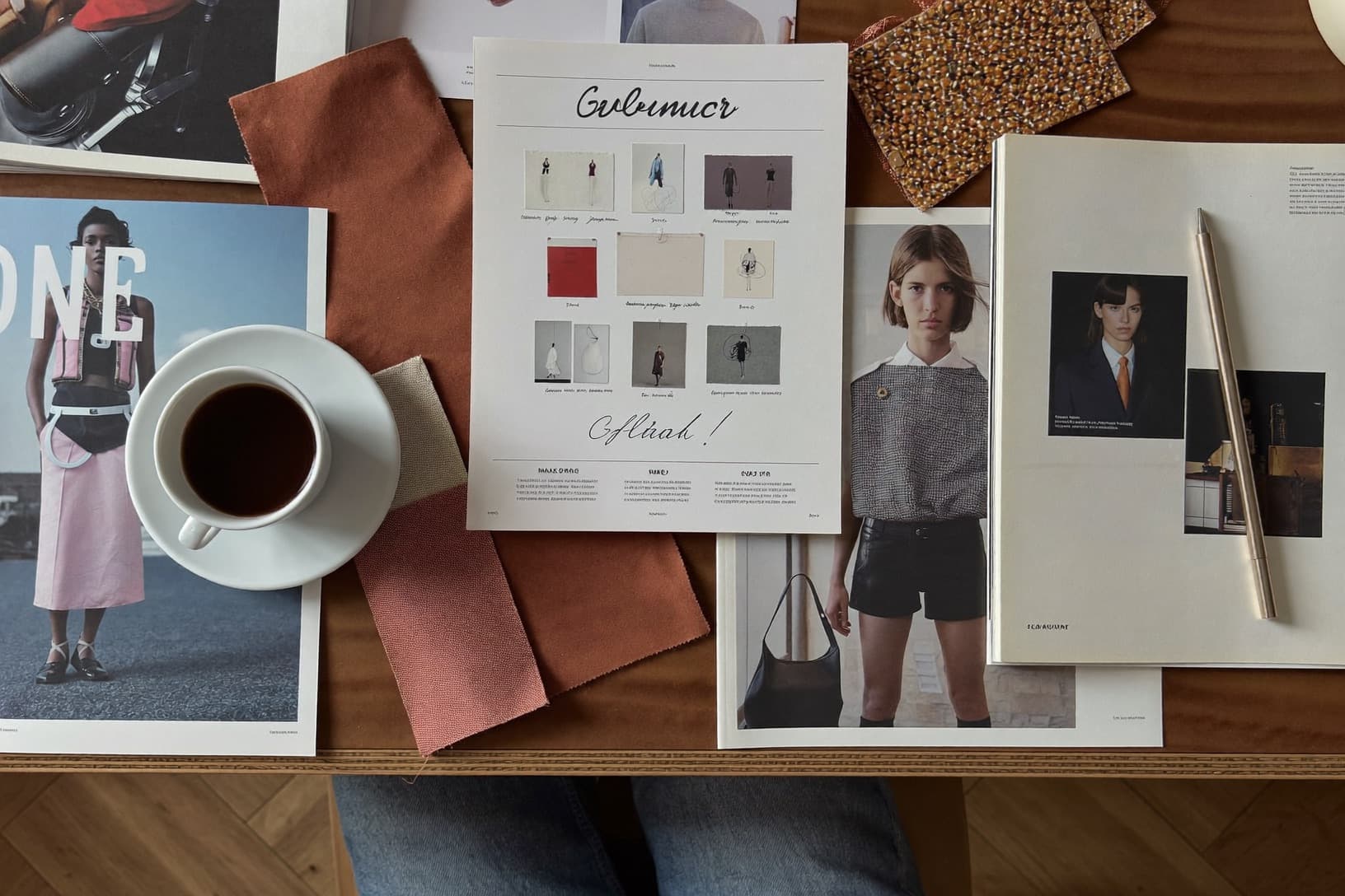 A moodboard flatlay of magazines, swatches, and sketches
