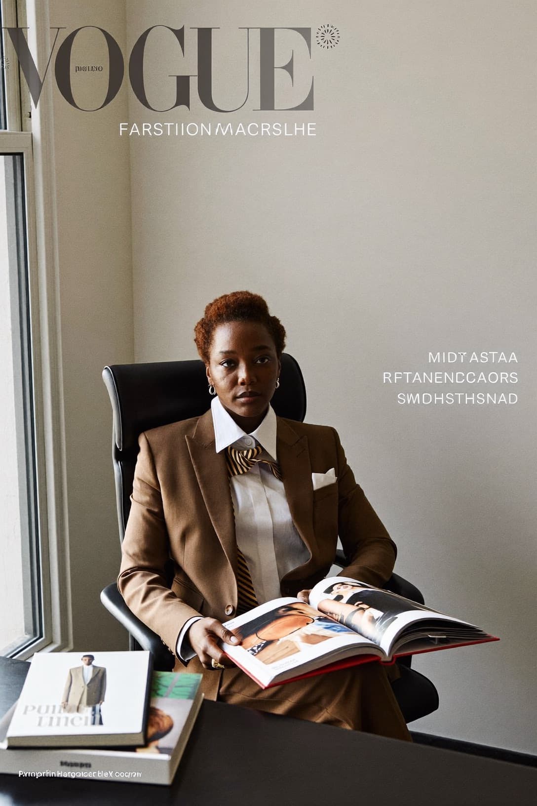 A fashion editor in a cream suit, photographed in portrait