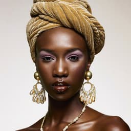 A portrait of a woman in a gold gele headwrap