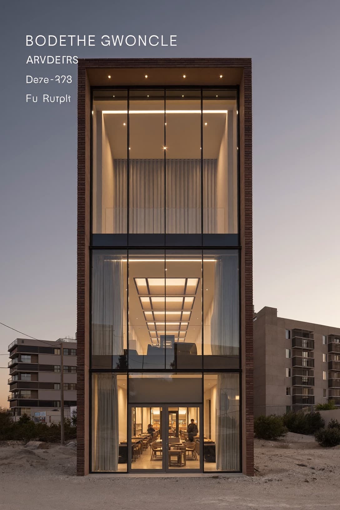 A modern retail facade glowing at dusk.