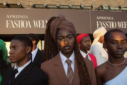 Fashionably dressed people outside a fashion week venue